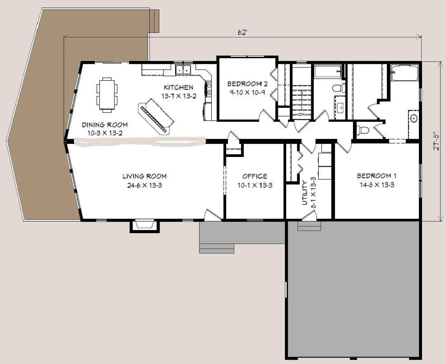 Ponderosa E floor plan, 62 feet by 27 feet 6 inches